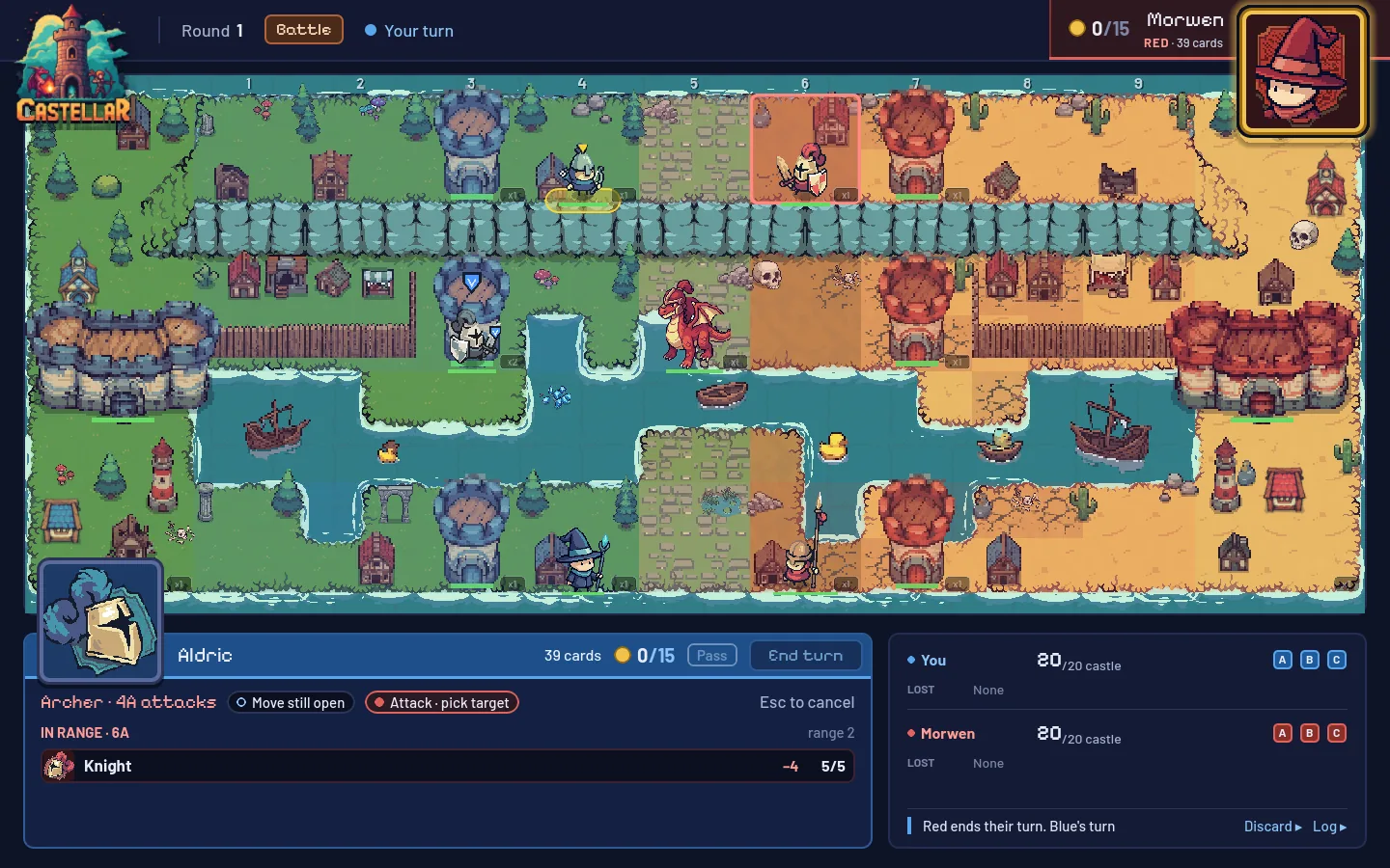 Battle: Blue's Archer picks its target, a red Knight two tiles along the top lane, while a Knight defends on the middle tower